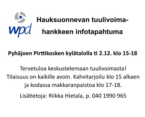 Tuulivoimahankkeen infotapahtuma Pyhäjoen Pirttikosken kylätalolla 2.12.